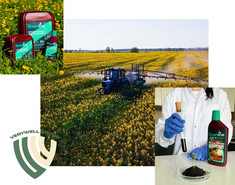 коллаж из испытаний обработки и упаковки удобрения